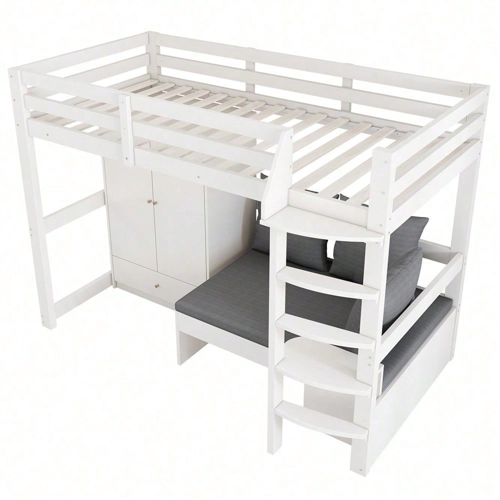 Hochbett für Kinder,Multifunktionales Kinderbett, mit eine Leiter, mit Kleiderschrank, Sofa mit Stauraum, drei Kissen und Auflagen, mit Ablageboden, ohne Matratze, Massivholz, weiß, 90 x 200