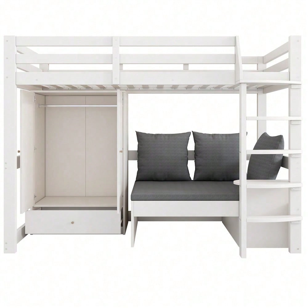 Hochbett für Kinder,Multifunktionales Kinderbett, mit eine Leiter, mit Kleiderschrank, Sofa mit Stauraum, drei Kissen und Auflagen, mit Ablageboden, ohne Matratze, Massivholz, weiß, 90 x 200