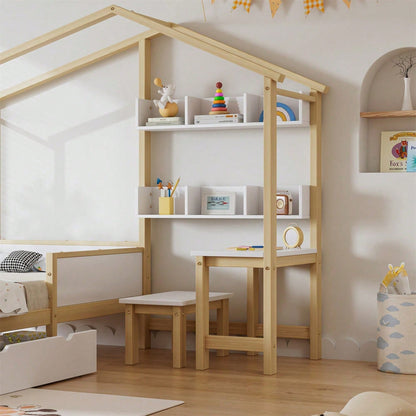Kinderbett Hausbett mit Schubladen und Regalen, mit Tisch und Hocker, Massivholz mit Schutzplatte und Lattenroste, L-Struktur, Weiß+Natur, Kiefer+MDF+Mehrschichtplatte, 90x200cm