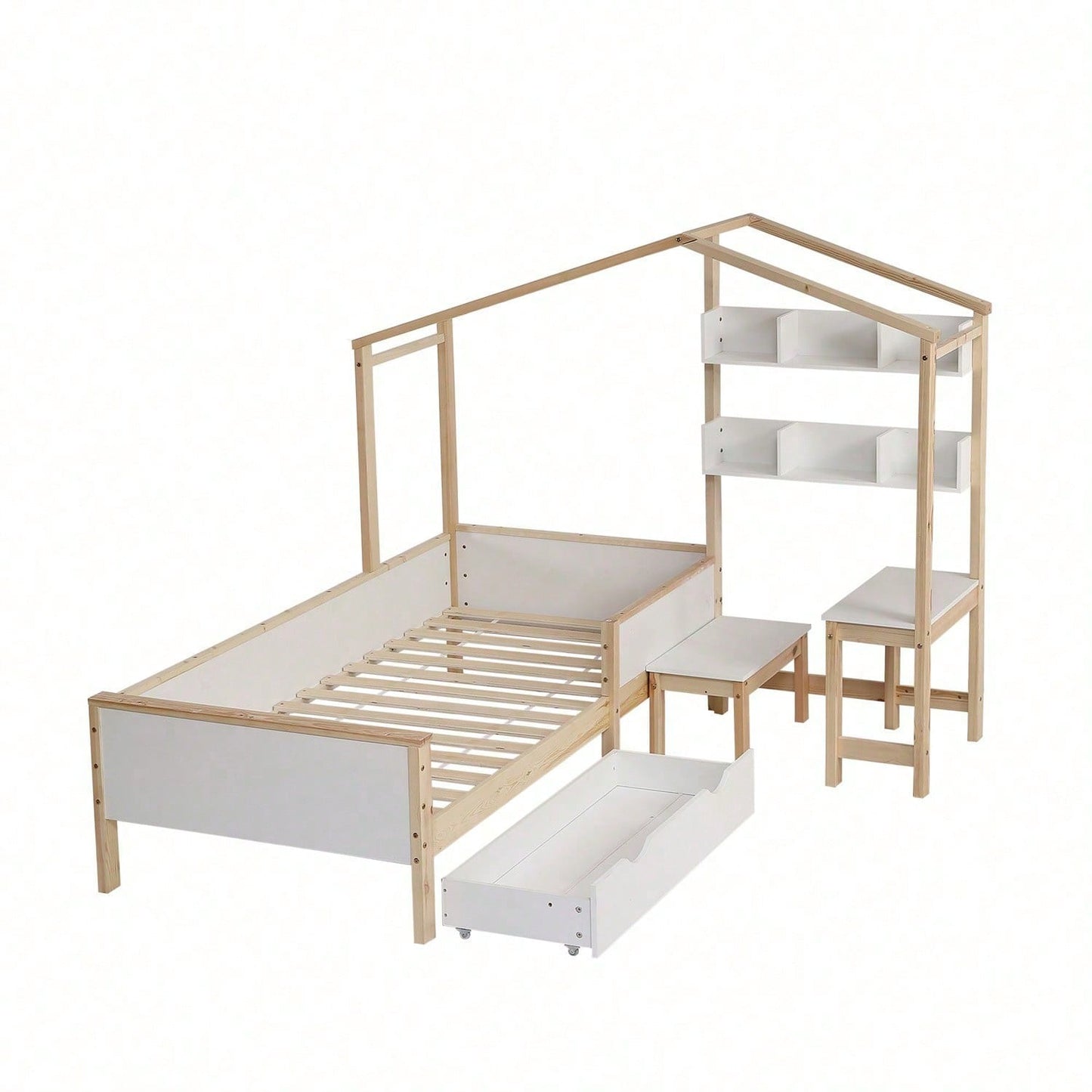 Kinderbett Hausbett mit Schubladen und Regalen, mit Tisch und Hocker, Massivholz mit Schutzplatte und Lattenroste, L-Struktur, Weiß+Natur, Kiefer+MDF+Mehrschichtplatte, 90x200cm