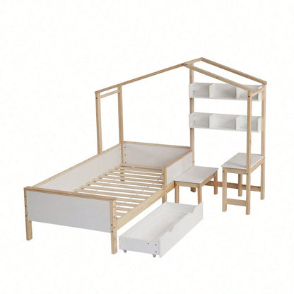Kinderbett Hausbett mit Schubladen und Regalen, mit Tisch und Hocker, Massivholz mit Schutzplatte und Lattenroste, L-Struktur, Weiß+Natur, Kiefer+MDF+Mehrschichtplatte, 90x200cm