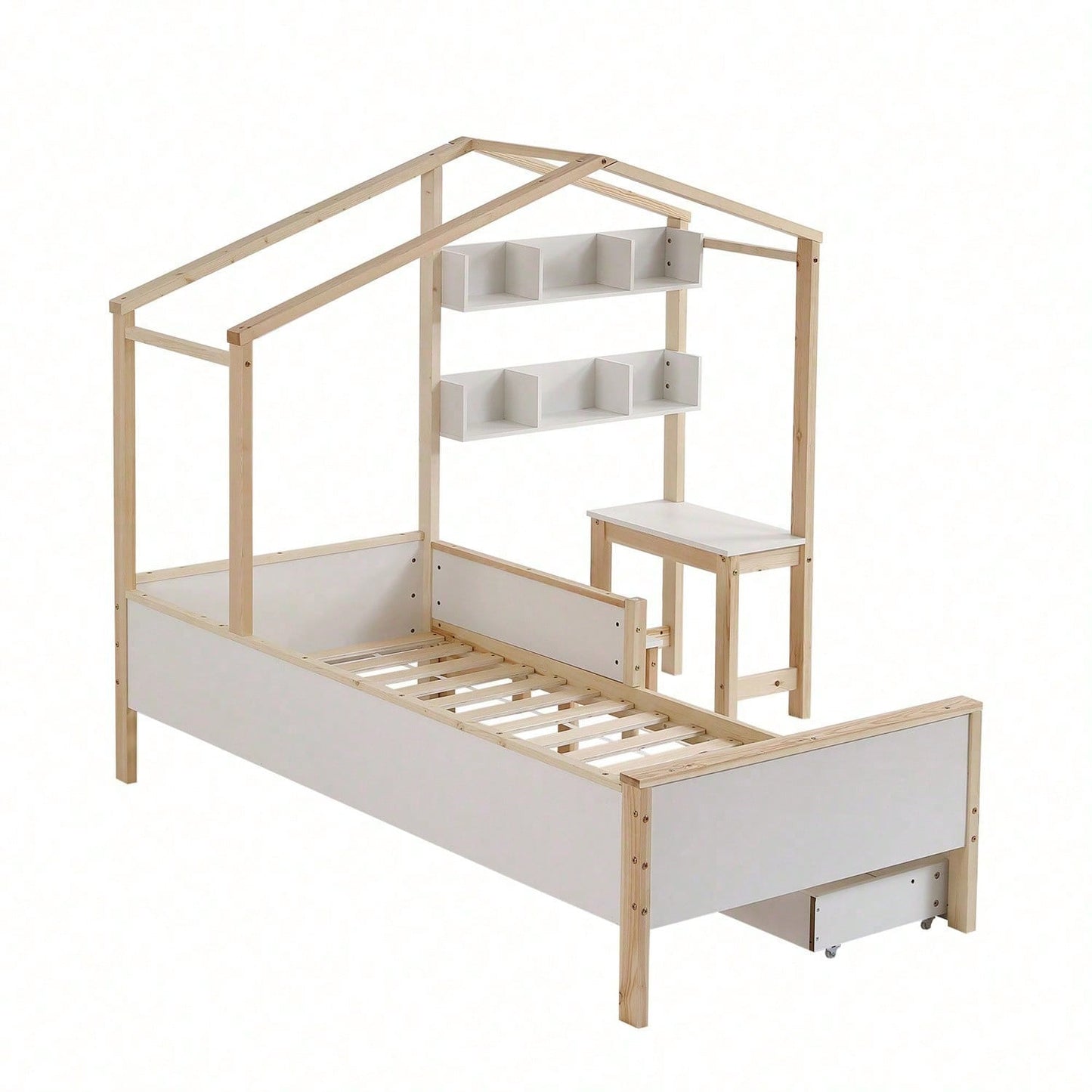 Kinderbett Hausbett mit Schubladen und Regalen, mit Tisch und Hocker, Massivholz mit Schutzplatte und Lattenroste, L-Struktur, Weiß+Natur, Kiefer+MDF+Mehrschichtplatte, 90x200cm