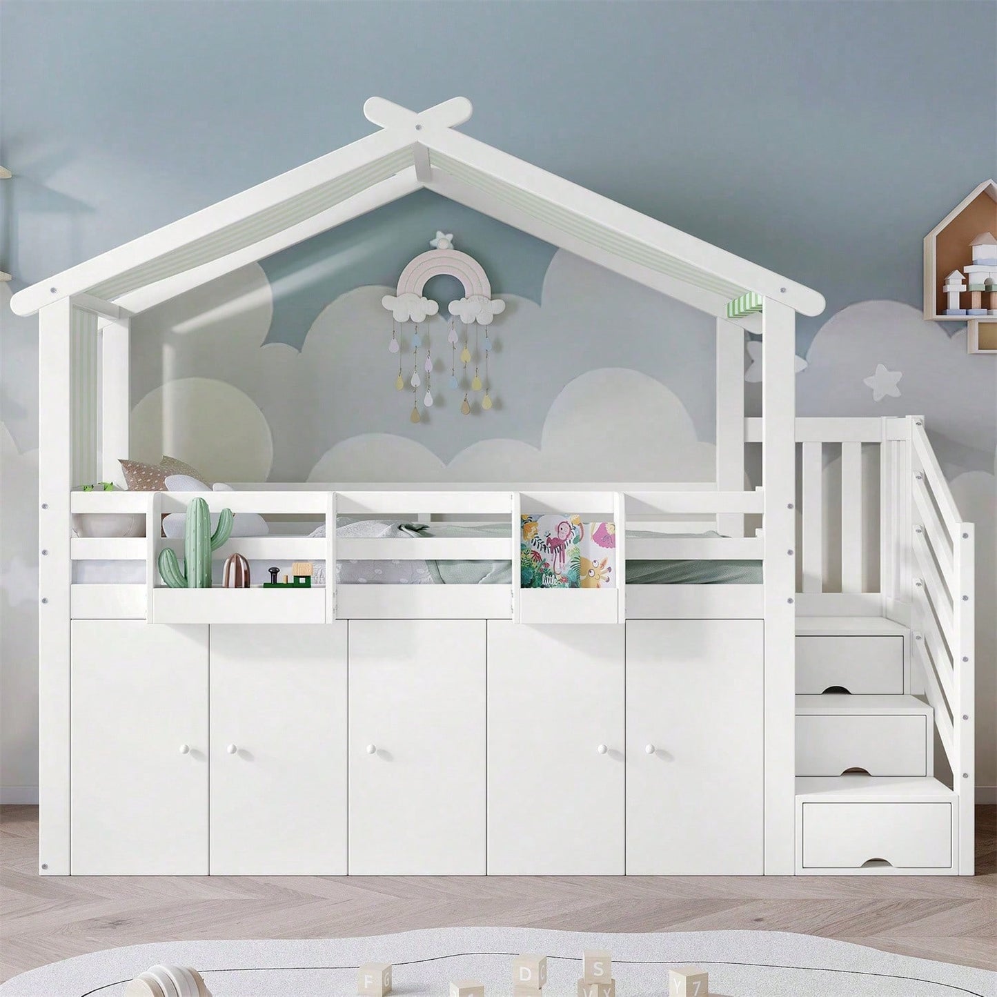 Etagenbett, Kinderbett, mit Fallschutzgitter, 1 Kleiderschrank und 2 Schließfächer, mit 3 Schließfächer in der Treppe, gestreifter Stoff, Kiefer+MDF+Sperrholz, Weiß+Grün, 90x200cm