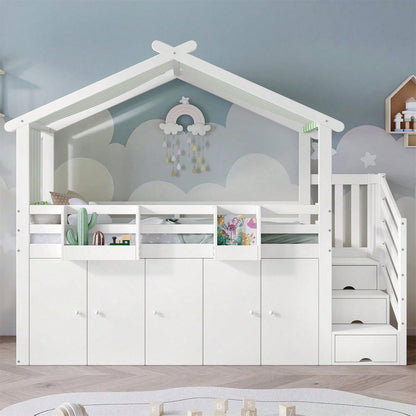 Etagenbett, Kinderbett, mit Fallschutzgitter, 1 Kleiderschrank und 2 Schließfächer, mit 3 Schließfächer in der Treppe, gestreifter Stoff, Kiefer+MDF+Sperrholz, Weiß+Grün, 90x200cm