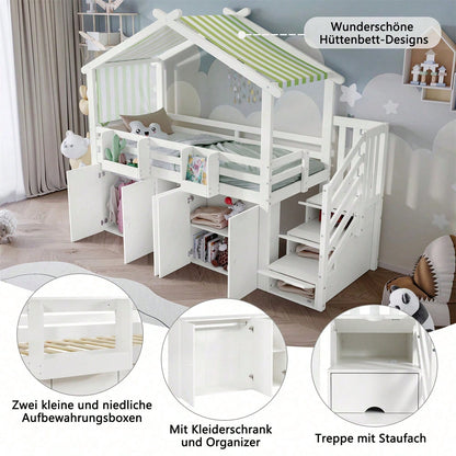 Etagenbett, Kinderbett, mit Fallschutzgitter, 1 Kleiderschrank und 2 Schließfächer, mit 3 Schließfächer in der Treppe, gestreifter Stoff, Kiefer+MDF+Sperrholz, Weiß+Grün, 90x200cm