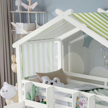 Etagenbett, Kinderbett, mit Fallschutzgitter, 1 Kleiderschrank und 2 Schließfächer, mit 3 Schließfächer in der Treppe, gestreifter Stoff, Kiefer+MDF+Sperrholz, Weiß+Grün, 90x200cm