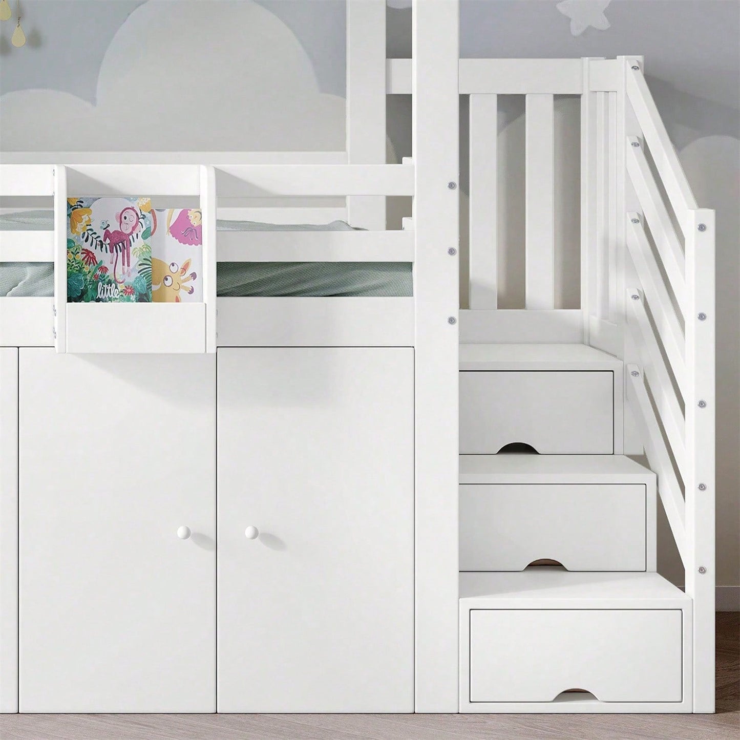 Etagenbett, Kinderbett, mit Fallschutzgitter, 1 Kleiderschrank und 2 Schließfächer, mit 3 Schließfächer in der Treppe, gestreifter Stoff, Kiefer+MDF+Sperrholz, Weiß+Grün, 90x200cm