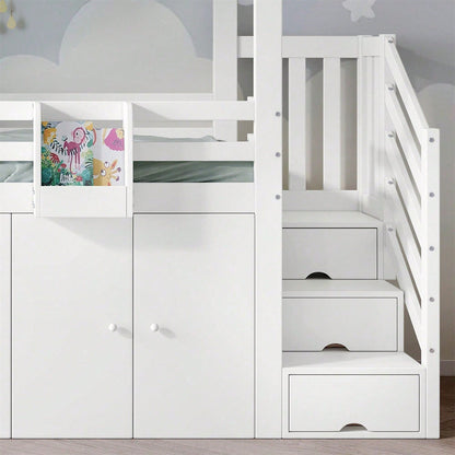 Etagenbett, Kinderbett, mit Fallschutzgitter, 1 Kleiderschrank und 2 Schließfächer, mit 3 Schließfächer in der Treppe, gestreifter Stoff, Kiefer+MDF+Sperrholz, Weiß+Grün, 90x200cm