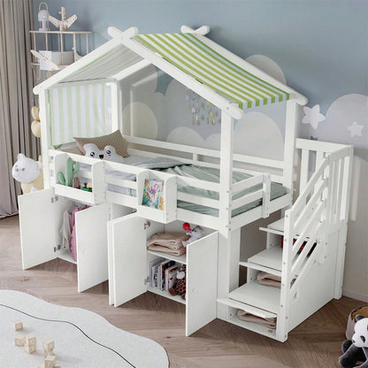 Etagenbett, Kinderbett, mit Fallschutzgitter, 1 Kleiderschrank und 2 Schließfächer, mit 3 Schließfächer in der Treppe, gestreifter Stoff, Kiefer+MDF+Sperrholz, Weiß+Grün, 90x200cm