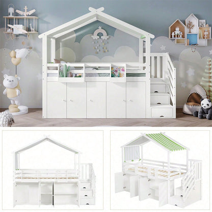 Etagenbett, Kinderbett, mit Fallschutzgitter, 1 Kleiderschrank und 2 Schließfächer, mit 3 Schließfächer in der Treppe, gestreifter Stoff, Kiefer+MDF+Sperrholz, Weiß+Grün, 90x200cm