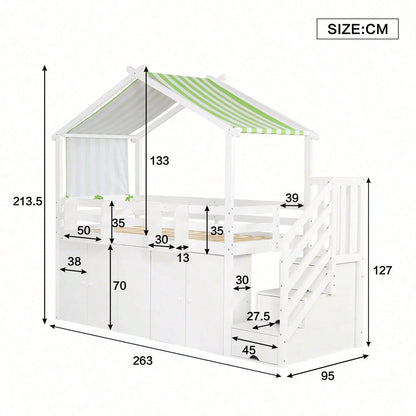 Etagenbett, Kinderbett, mit Fallschutzgitter, 1 Kleiderschrank und 2 Schließfächer, mit 3 Schließfächer in der Treppe, gestreifter Stoff, Kiefer+MDF+Sperrholz, Weiß+Grün, 90x200cm