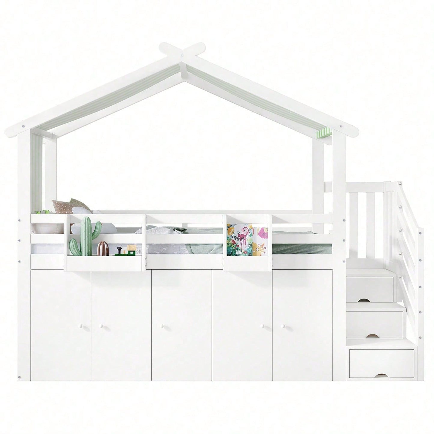 Etagenbett, Kinderbett, mit Fallschutzgitter, 1 Kleiderschrank und 2 Schließfächer, mit 3 Schließfächer in der Treppe, gestreifter Stoff, Kiefer+MDF+Sperrholz, Weiß+Grün, 90x200cm