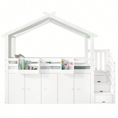Etagenbett, Kinderbett, mit Fallschutzgitter, 1 Kleiderschrank und 2 Schließfächer, mit 3 Schließfächer in der Treppe, gestreifter Stoff, Kiefer+MDF+Sperrholz, Weiß+Grün, 90x200cm