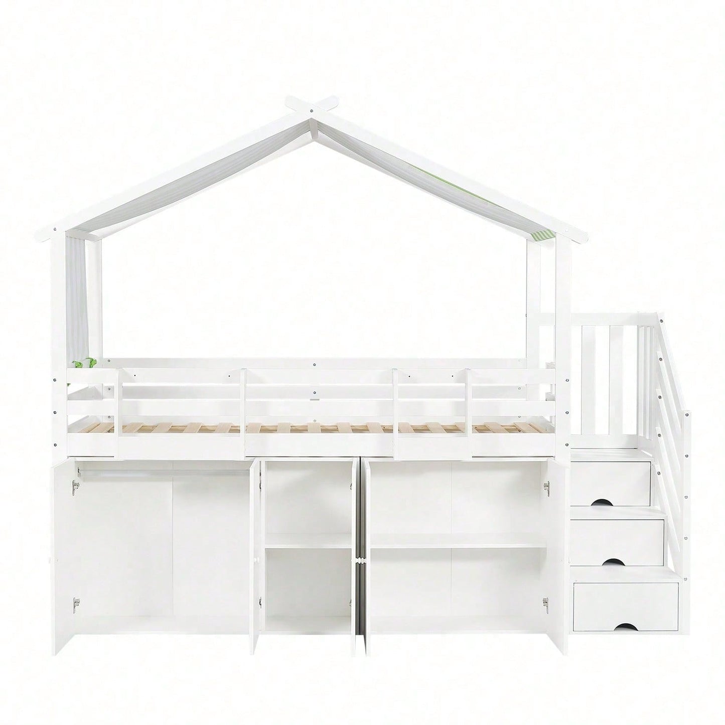 Etagenbett, Kinderbett, mit Fallschutzgitter, 1 Kleiderschrank und 2 Schließfächer, mit 3 Schließfächer in der Treppe, gestreifter Stoff, Kiefer+MDF+Sperrholz, Weiß+Grün, 90x200cm