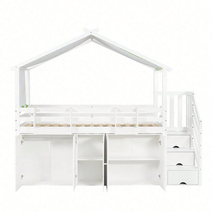 Etagenbett, Kinderbett, mit Fallschutzgitter, 1 Kleiderschrank und 2 Schließfächer, mit 3 Schließfächer in der Treppe, gestreifter Stoff, Kiefer+MDF+Sperrholz, Weiß+Grün, 90x200cm