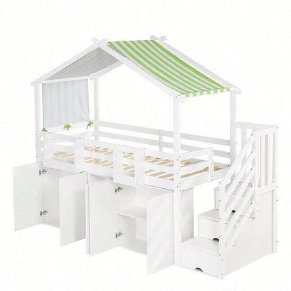 Etagenbett, Kinderbett, mit Fallschutzgitter, 1 Kleiderschrank und 2 Schließfächer, mit 3 Schließfächer in der Treppe, gestreifter Stoff, Kiefer+MDF+Sperrholz, Weiß+Grün, 90x200cm