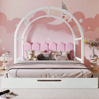 Erweiterbares Gewölbtes Dachbett, Schiebebett, Kinderbett, Tagesbett, Doppelbett, Samtkissen, Rahmen aus Kiefernholz, Weiß+Rosa (140x100cm&140x200cm)
