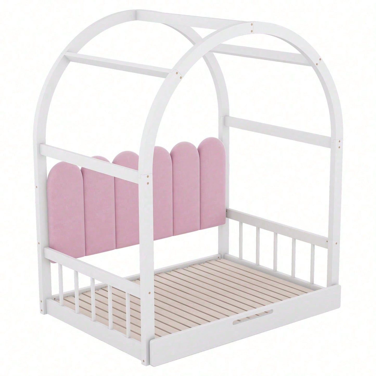 Erweiterbares Gewölbtes Dachbett, Schiebebett, Kinderbett, Tagesbett, Doppelbett, Samtkissen, Rahmen aus Kiefernholz, Weiß+Rosa (140x100cm&140x200cm)