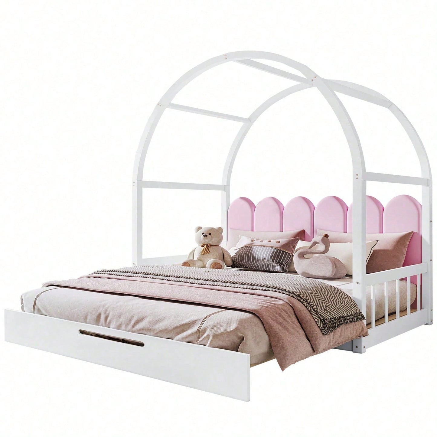 Erweiterbares Gewölbtes Dachbett, Schiebebett, Kinderbett, Tagesbett, Doppelbett, Samtkissen, Rahmen aus Kiefernholz, Weiß+Rosa (140x100cm&140x200cm)