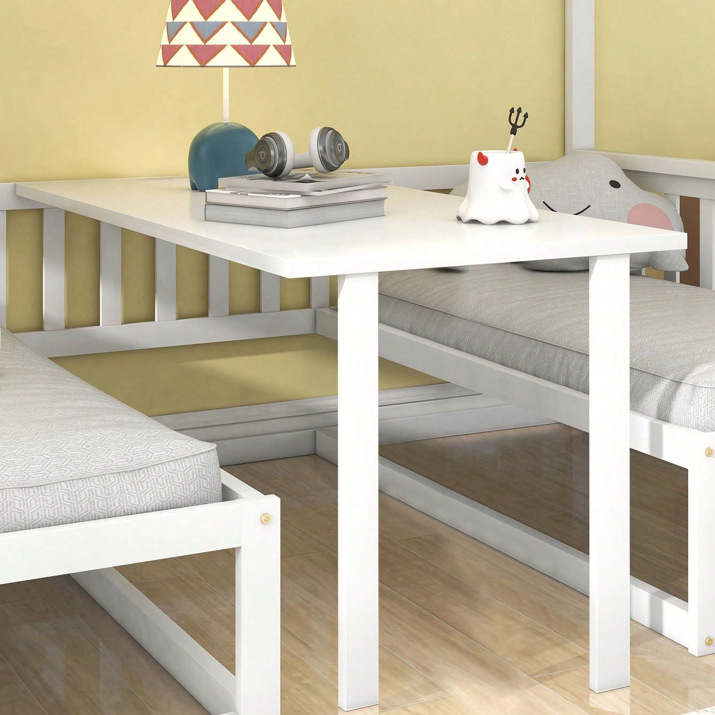 (29946123WAA)Platzsparendes Etagenbett mit Treppe, mit verstellbarem Tisch, mit Holzsofa, Robustes Kieferholzgestell, Weiß (90x200cm&120*200cm)