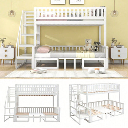 (29946123WAA)Platzsparendes Etagenbett mit Treppe, mit verstellbarem Tisch, mit Holzsofa, Robustes Kieferholzgestell, Weiß (90x200cm&120*200cm)