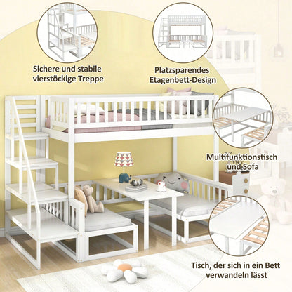 (29946123WAA)Platzsparendes Etagenbett mit Treppe, mit verstellbarem Tisch, mit Holzsofa, Robustes Kieferholzgestell, Weiß (90x200cm&120*200cm)