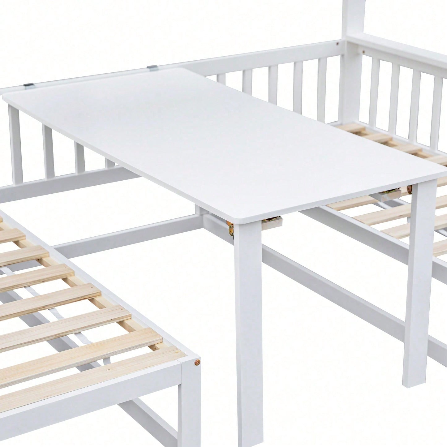 (29946123WAA)Platzsparendes Etagenbett mit Treppe, mit verstellbarem Tisch, mit Holzsofa, Robustes Kieferholzgestell, Weiß (90x200cm&120*200cm)