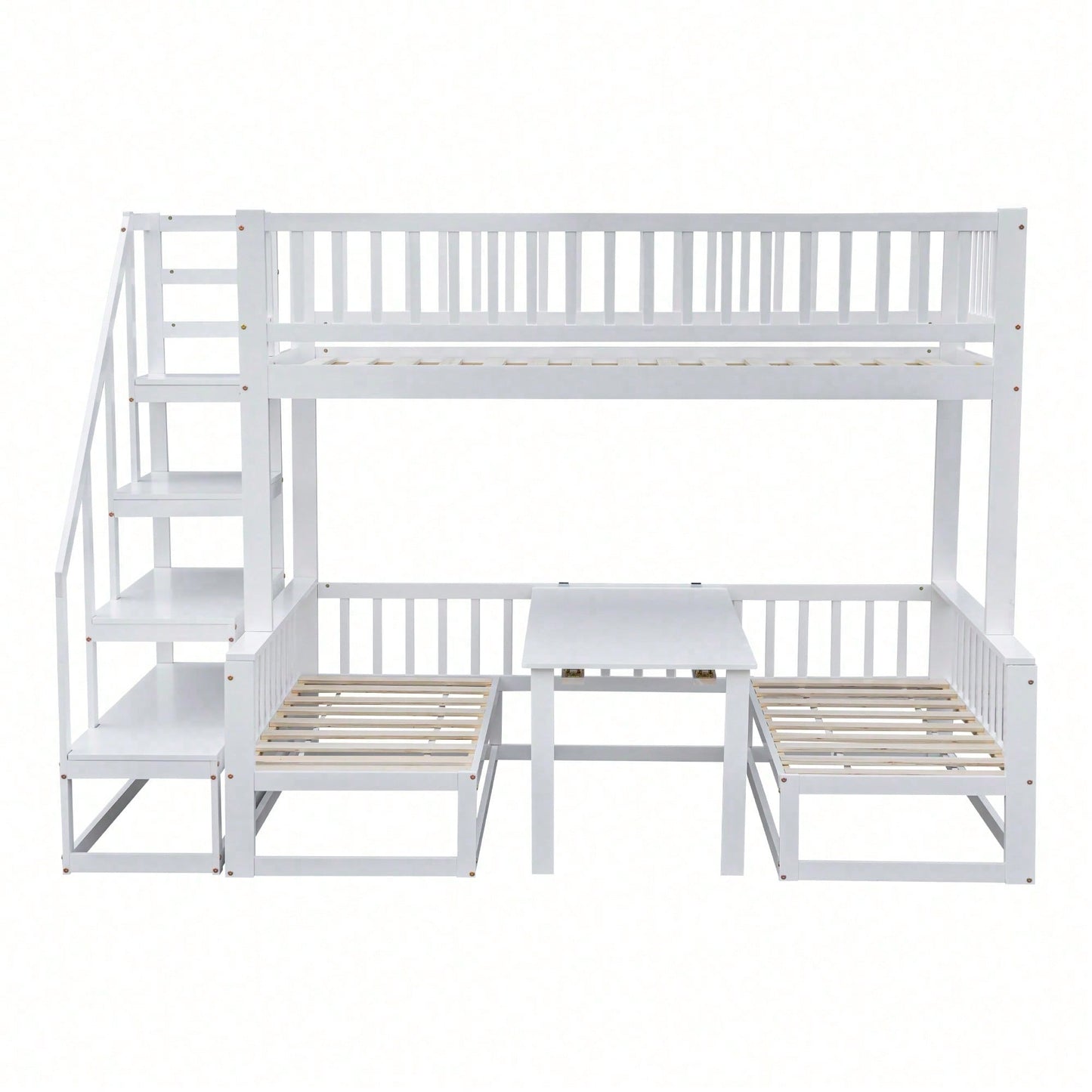 (29946123WAA)Platzsparendes Etagenbett mit Treppe, mit verstellbarem Tisch, mit Holzsofa, Robustes Kieferholzgestell, Weiß (90x200cm&120*200cm)