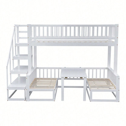 (29946123WAA)Platzsparendes Etagenbett mit Treppe, mit verstellbarem Tisch, mit Holzsofa, Robustes Kieferholzgestell, Weiß (90x200cm&120*200cm)
