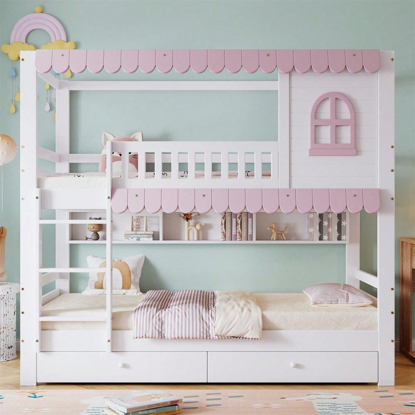 Etagenbett, Kinderbett Mit Fenstern, mit Fallschutzgitter, Offenes Regal, Rosa Traufe, Zwei Schubladen mit Rollen, Reichlich Stauraum, Kiefer+MDF, Weiß+Rosa, 90x200cm