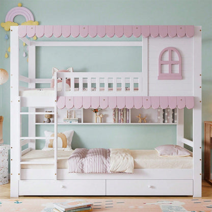 Etagenbett, Kinderbett Mit Fenstern, mit Fallschutzgitter, Offenes Regal, Rosa Traufe, Zwei Schubladen mit Rollen, Reichlich Stauraum, Kiefer+MDF, Weiß+Rosa, 90x200cm