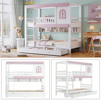 Etagenbett, Kinderbett Mit Fenstern, mit Fallschutzgitter, Offenes Regal, Rosa Traufe, Zwei Schubladen mit Rollen, Reichlich Stauraum, Kiefer+MDF, Weiß+Rosa, 90x200cm