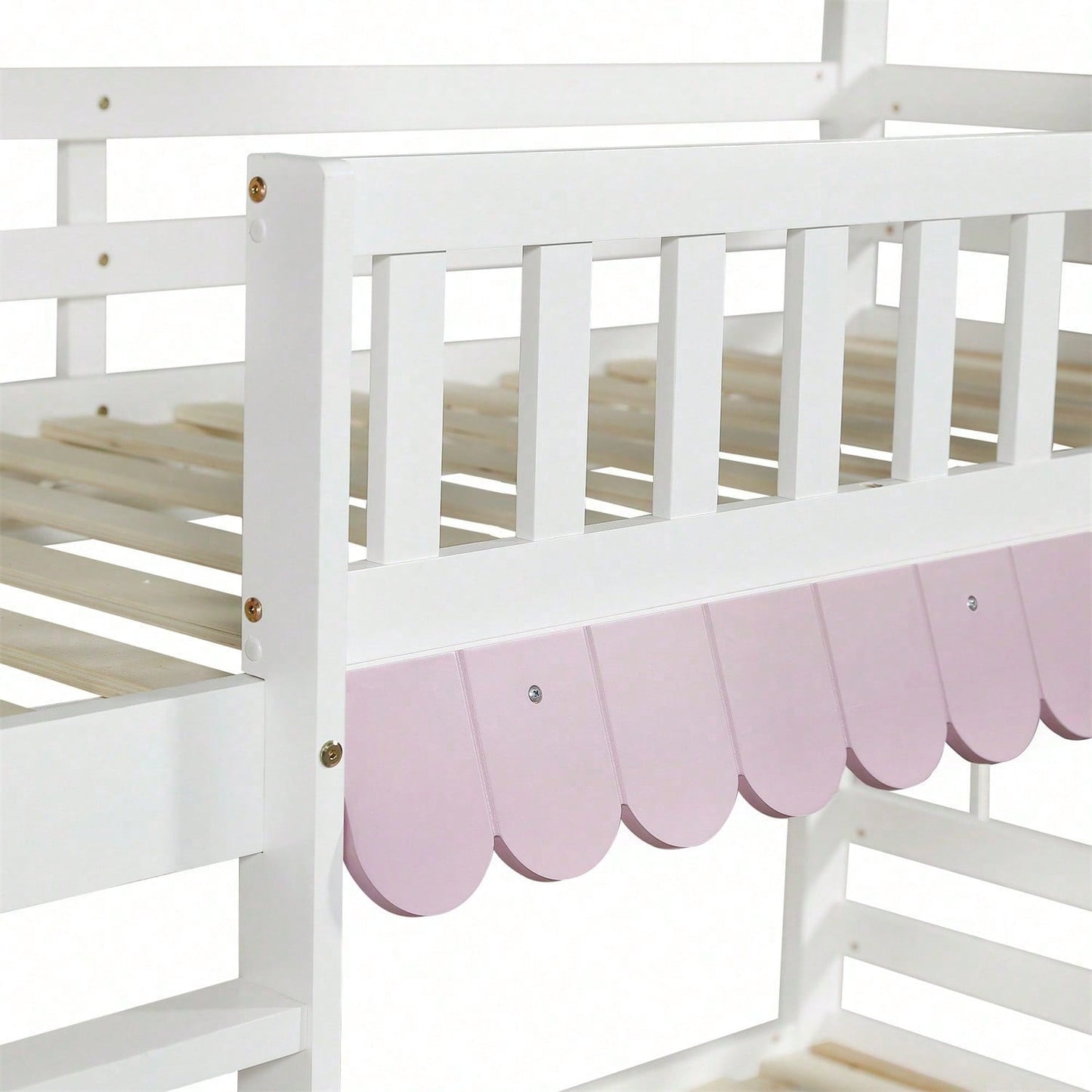 Etagenbett, Kinderbett Mit Fenstern, mit Fallschutzgitter, Offenes Regal, Rosa Traufe, Zwei Schubladen mit Rollen, Reichlich Stauraum, Kiefer+MDF, Weiß+Rosa, 90x200cm