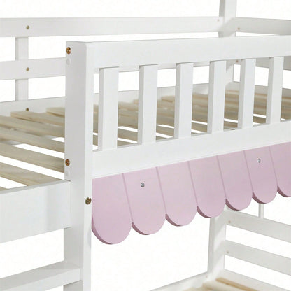 Etagenbett, Kinderbett Mit Fenstern, mit Fallschutzgitter, Offenes Regal, Rosa Traufe, Zwei Schubladen mit Rollen, Reichlich Stauraum, Kiefer+MDF, Weiß+Rosa, 90x200cm