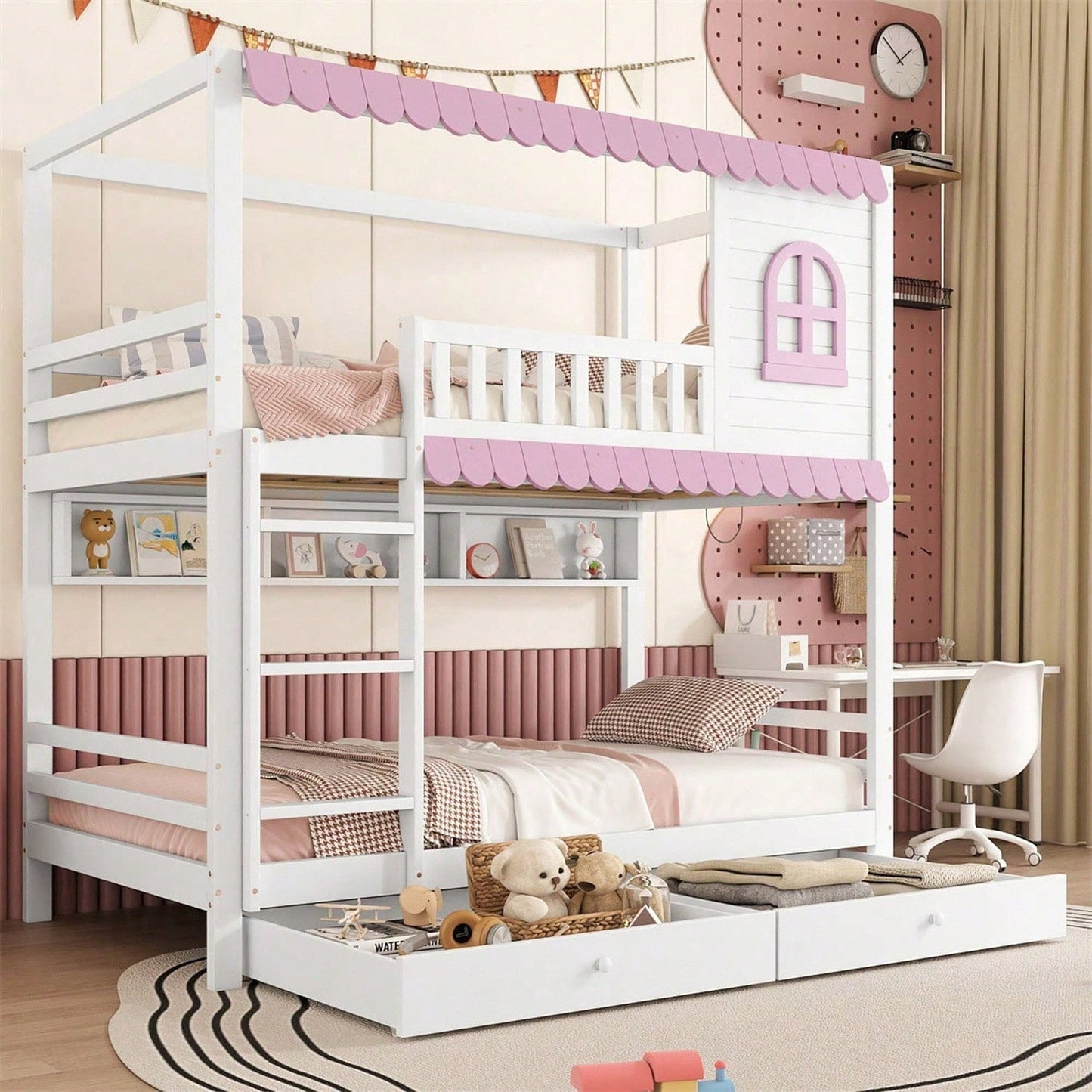 Etagenbett, Kinderbett Mit Fenstern, mit Fallschutzgitter, Offenes Regal, Rosa Traufe, Zwei Schubladen mit Rollen, Reichlich Stauraum, Kiefer+MDF, Weiß+Rosa, 90x200cm
