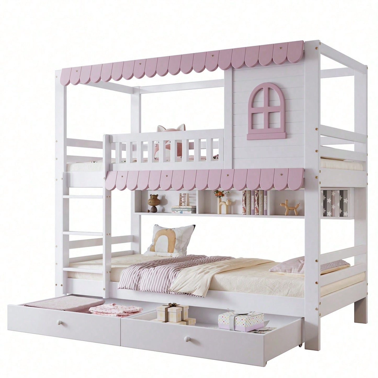 Etagenbett, Kinderbett Mit Fenstern, mit Fallschutzgitter, Offenes Regal, Rosa Traufe, Zwei Schubladen mit Rollen, Reichlich Stauraum, Kiefer+MDF, Weiß+Rosa, 90x200cm