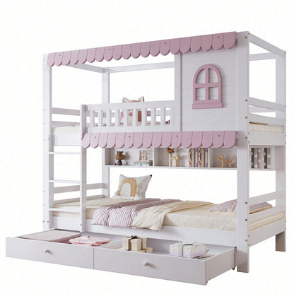 Etagenbett, Kinderbett Mit Fenstern, mit Fallschutzgitter, Offenes Regal, Rosa Traufe, Zwei Schubladen mit Rollen, Reichlich Stauraum, Kiefer+MDF, Weiß+Rosa, 90x200cm