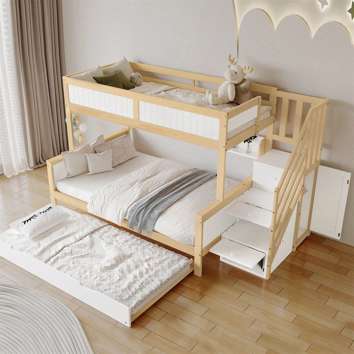 Etagenbett, Kinderbett, mit Fallschutz und Gitter, Entworfen mit drei Bettpositionen, mit Rollbett, mit Kleiderschrank, Ecktreppe, Kiefer+MDF, Weiß+Natur, 90x200&90x190&120*200cm