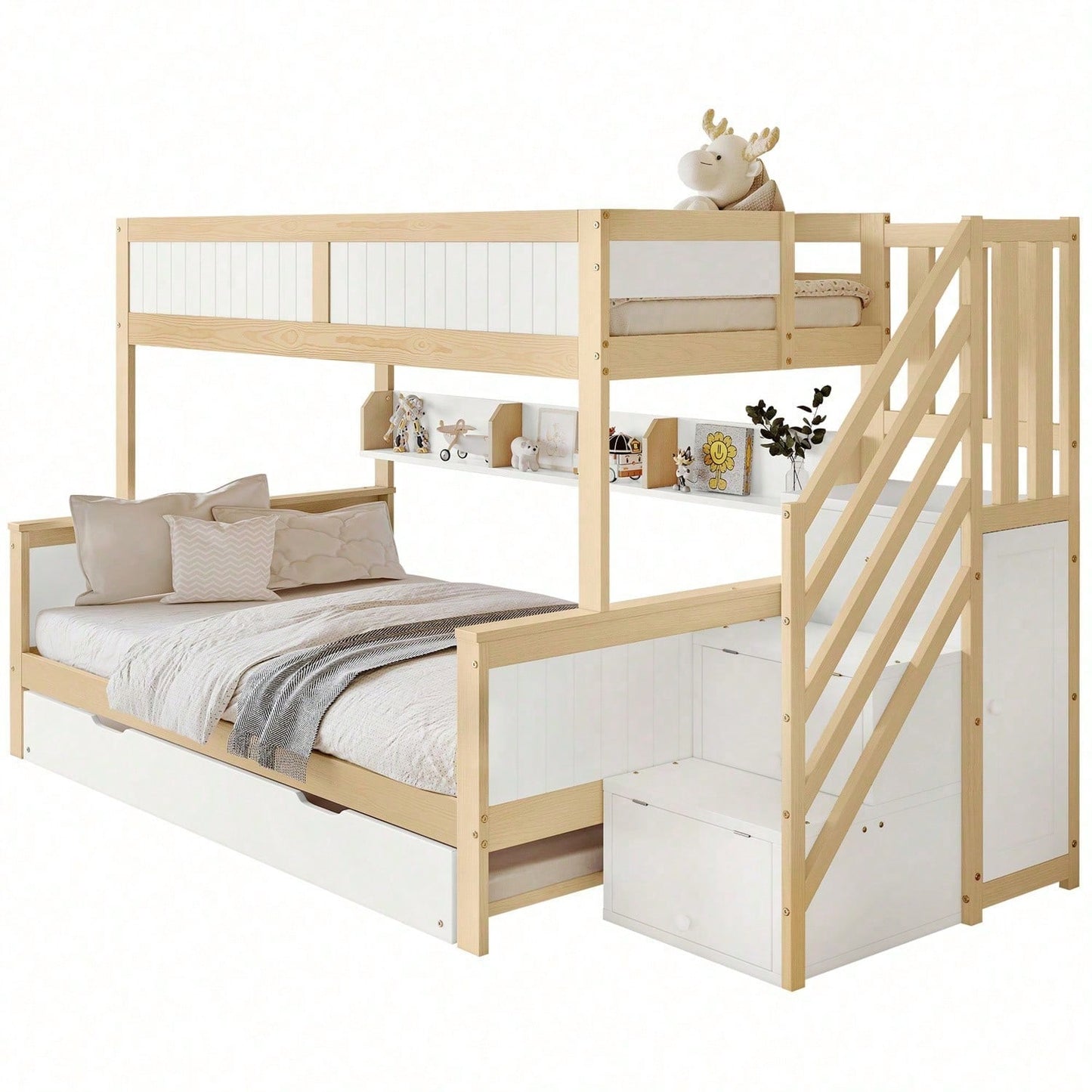 Etagenbett, Kinderbett, mit Fallschutz und Gitter, Entworfen mit drei Bettpositionen, mit Rollbett, mit Kleiderschrank, Ecktreppe, Kiefer+MDF, Weiß+Natur, 90x200&90x190&120*200cm