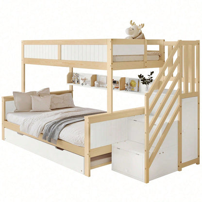 Etagenbett, Kinderbett, mit Fallschutz und Gitter, Entworfen mit drei Bettpositionen, mit Rollbett, mit Kleiderschrank, Ecktreppe, Kiefer+MDF, Weiß+Natur, 90x200&90x190&120*200cm