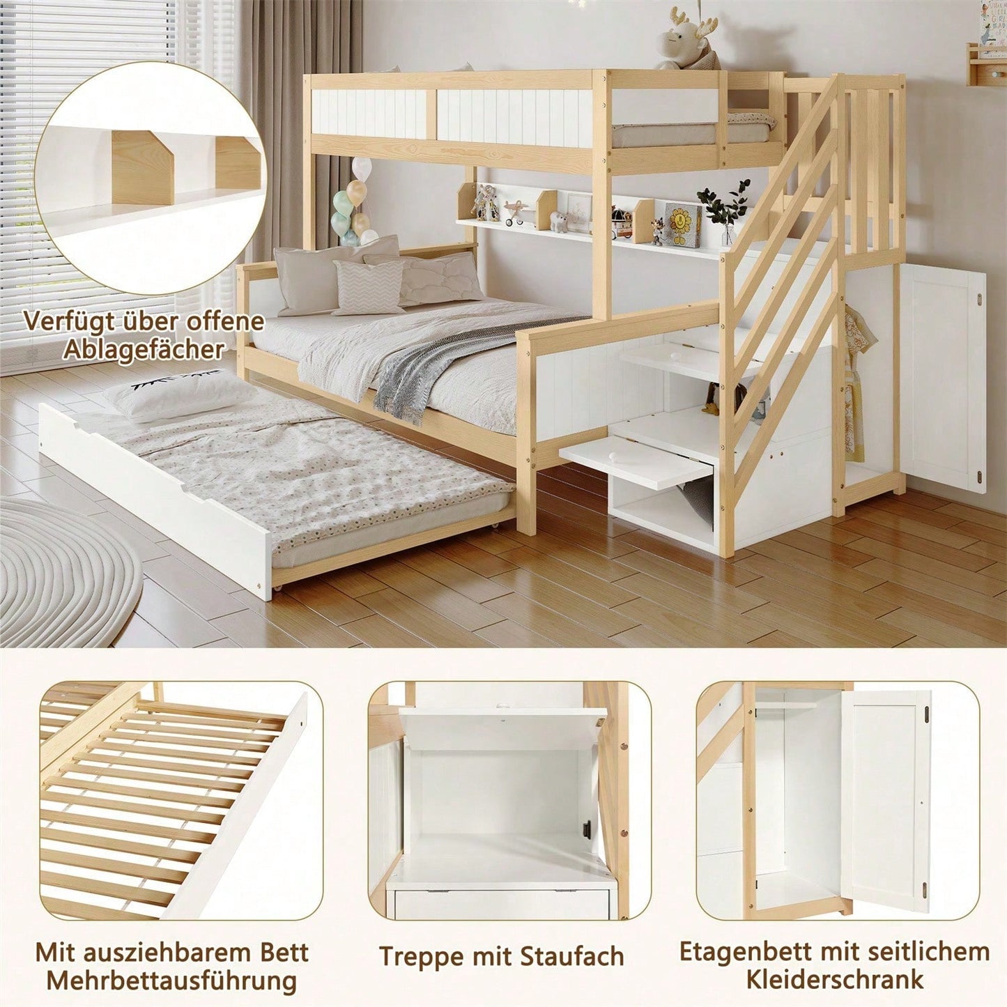 Etagenbett, Kinderbett, mit Fallschutz und Gitter, Entworfen mit drei Bettpositionen, mit Rollbett, mit Kleiderschrank, Ecktreppe, Kiefer+MDF, Weiß+Natur, 90x200&90x190&120*200cm