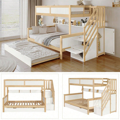 Etagenbett, Kinderbett, mit Fallschutz und Gitter, Entworfen mit drei Bettpositionen, mit Rollbett, mit Kleiderschrank, Ecktreppe, Kiefer+MDF, Weiß+Natur, 90x200&90x190&120*200cm