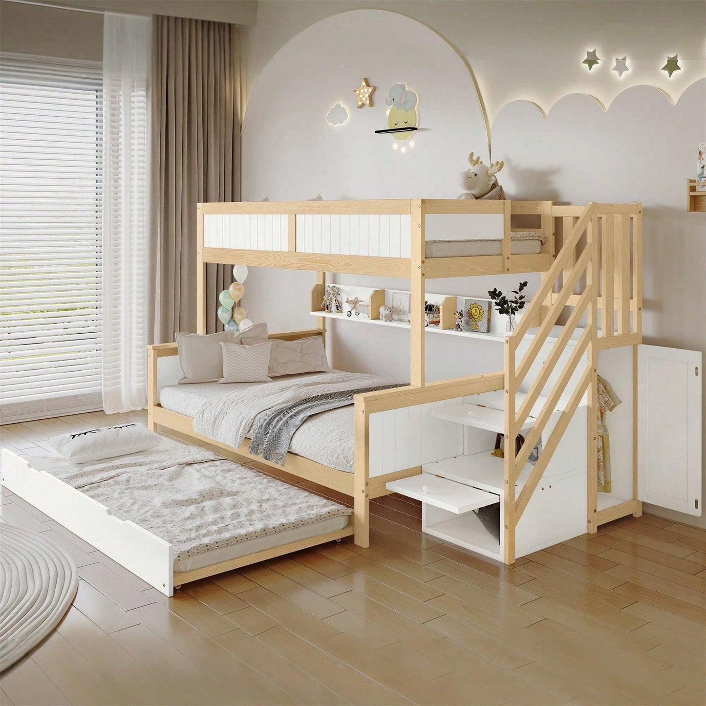 Etagenbett, Kinderbett, mit Fallschutz und Gitter, Entworfen mit drei Bettpositionen, mit Rollbett, mit Kleiderschrank, Ecktreppe, Kiefer+MDF, Weiß+Natur, 90x200&90x190&120*200cm