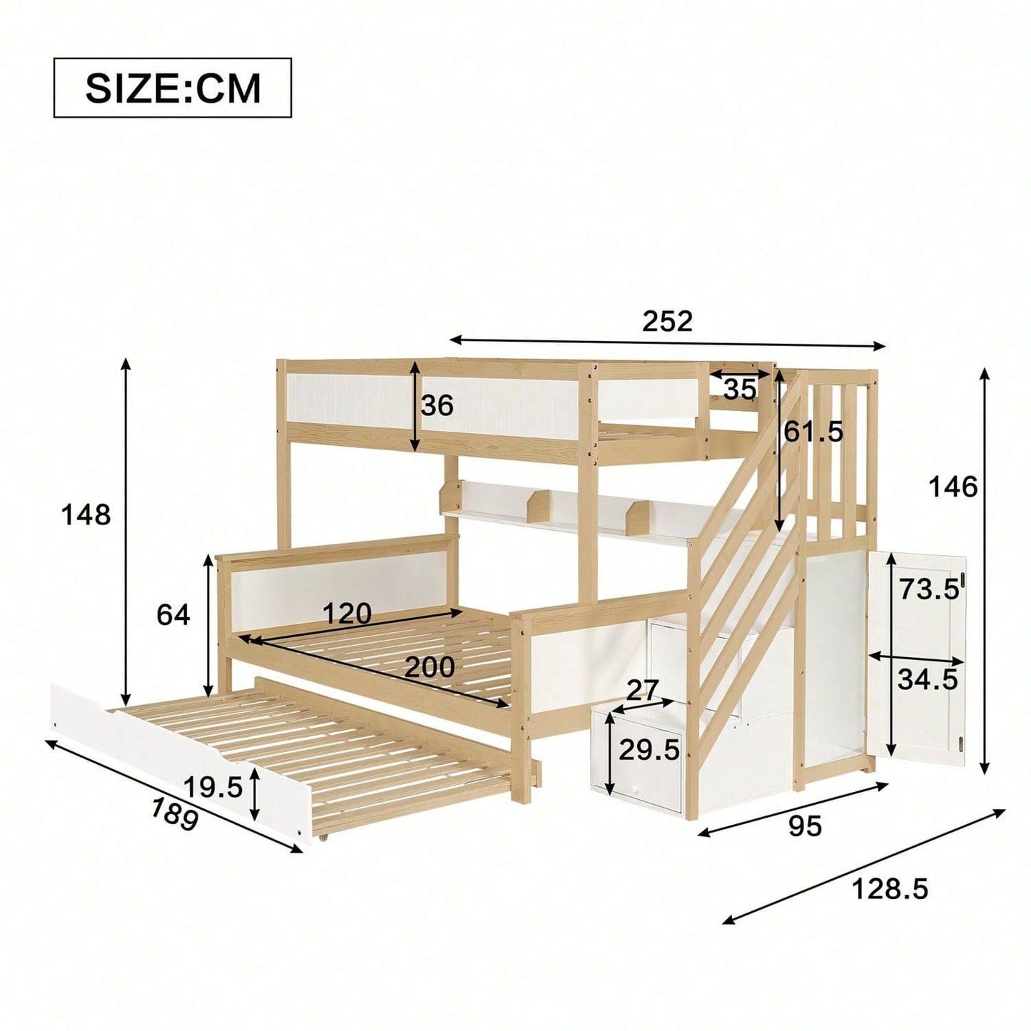 Etagenbett, Kinderbett, mit Fallschutz und Gitter, Entworfen mit drei Bettpositionen, mit Rollbett, mit Kleiderschrank, Ecktreppe, Kiefer+MDF, Weiß+Natur, 90x200&90x190&120*200cm