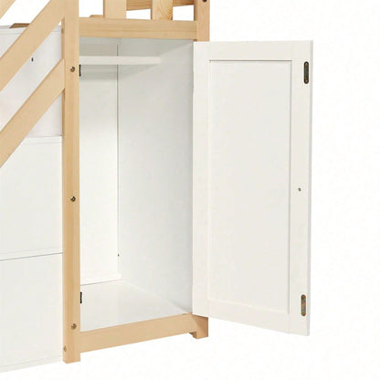 Etagenbett, Kinderbett, mit Fallschutz und Gitter, Entworfen mit drei Bettpositionen, mit Rollbett, mit Kleiderschrank, Ecktreppe, Kiefer+MDF, Weiß+Natur, 90x200&90x190&120*200cm