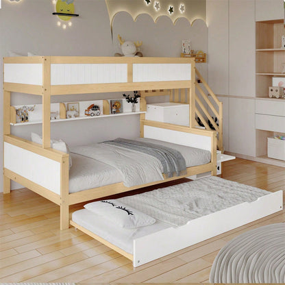 Etagenbett, Kinderbett, mit Fallschutz und Gitter, Entworfen mit drei Bettpositionen, mit Rollbett, mit Kleiderschrank, Ecktreppe, Kiefer+MDF, Weiß+Natur, 90x200&90x190&120*200cm