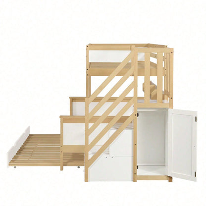 Etagenbett, Kinderbett, mit Fallschutz und Gitter, Entworfen mit drei Bettpositionen, mit Rollbett, mit Kleiderschrank, Ecktreppe, Kiefer+MDF, Weiß+Natur, 90x200&90x190&120*200cm