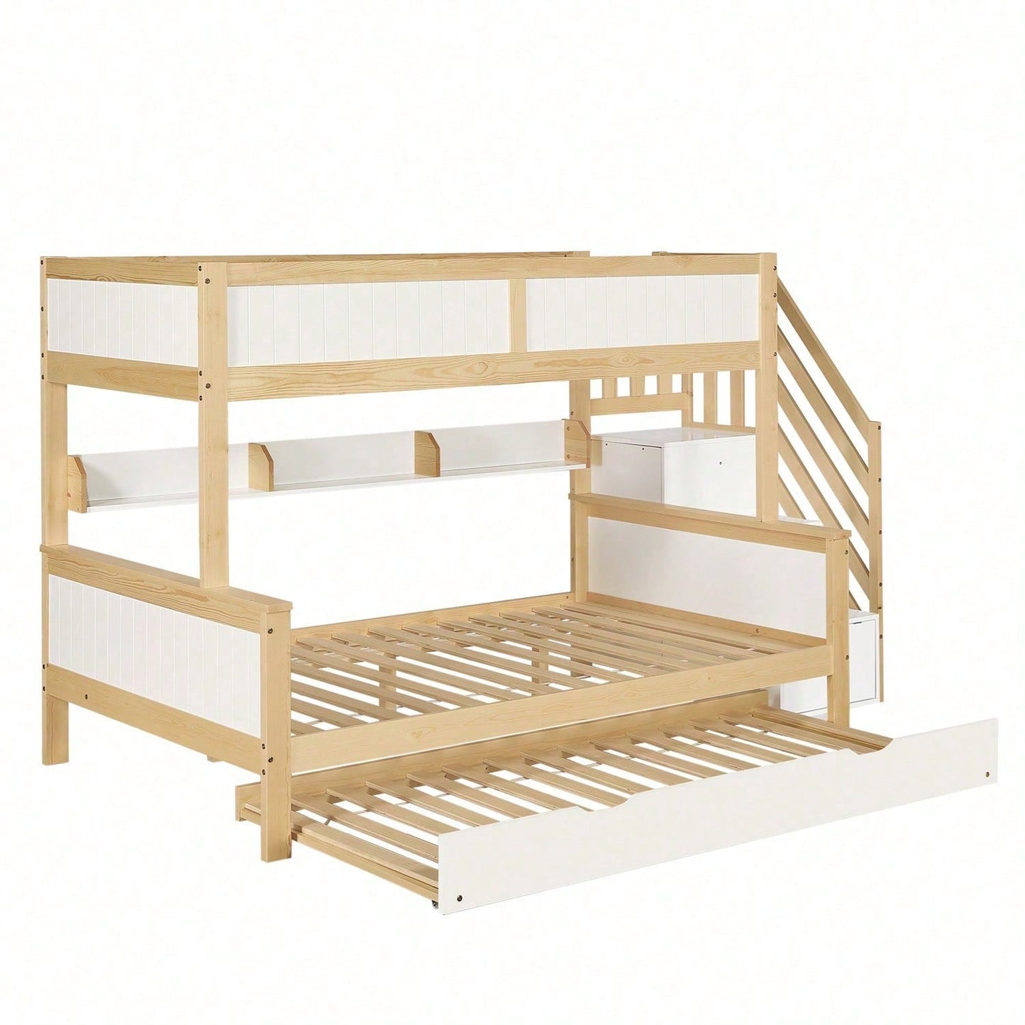 Etagenbett, Kinderbett, mit Fallschutz und Gitter, Entworfen mit drei Bettpositionen, mit Rollbett, mit Kleiderschrank, Ecktreppe, Kiefer+MDF, Weiß+Natur, 90x200&90x190&120*200cm