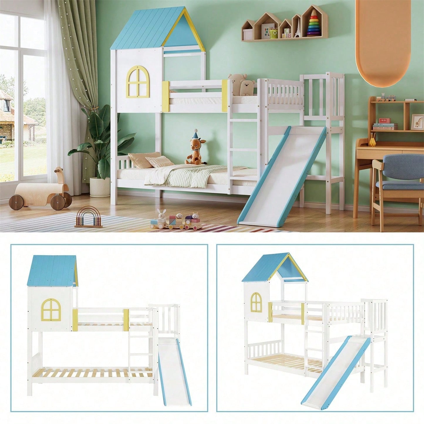 Etagenbett, Hausbett, Kinderbett, Kinderbett mit Dach und Fenster, mit Fallschutz und Gitter, mit dreistufiger Leiter, mit Rutsche, Kiefer+MDF, Weiß+Blau, 90x200cm