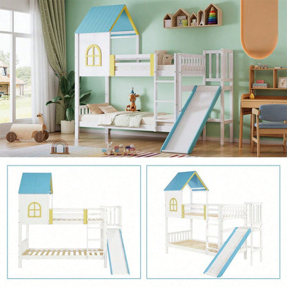 Etagenbett, Hausbett, Kinderbett, Kinderbett mit Dach und Fenster, mit Fallschutz und Gitter, mit dreistufiger Leiter, mit Rutsche, Kiefer+MDF, Weiß+Blau, 90x200cm